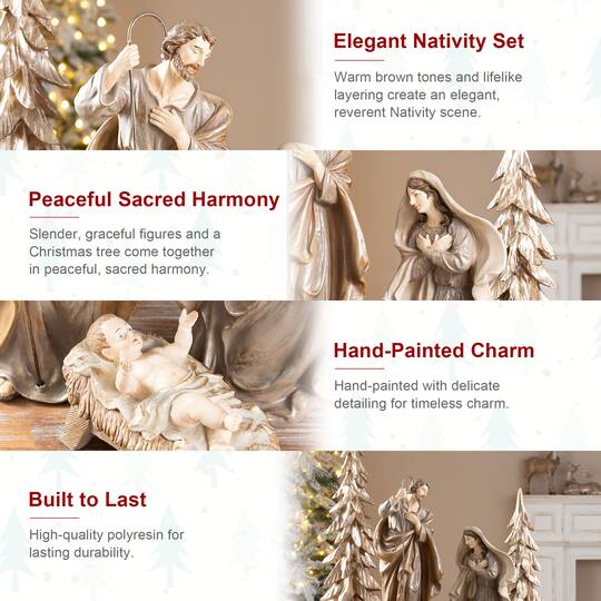 Glitzhome® 5-Piece Brown Resin Holy Family & Christmas Trees Figurine Set